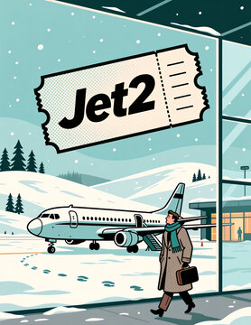 Man in winter coat holding suitcase walks past Jet2 ticket sign, snowy tarmac with airplane, pine trees, retro illustration style.