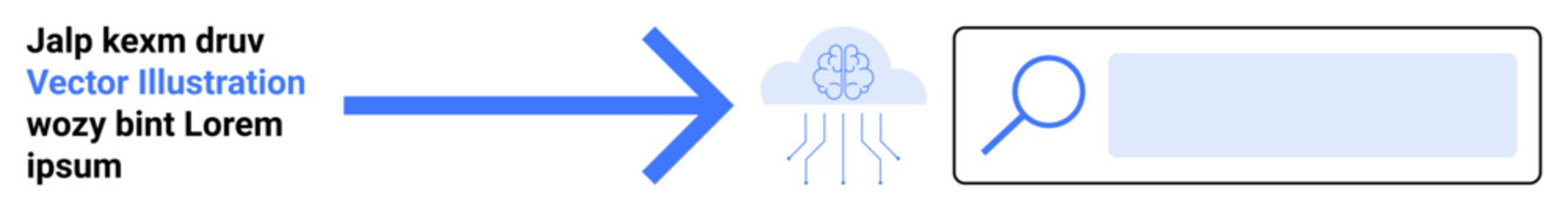 Cloud data transfer, online search, technology process, digital storage, information flow, innovation. Blue arrow pointing from text to cloud and magnifying glass icon. Cloud data transfer and online