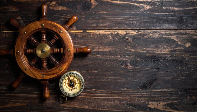 羅針盤と舵が象徴する航海と冒険のヴィンテージ航海道具