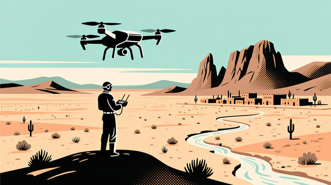 Person controlling quadcopter over arid landscape, remote sensing, desert survey, drone, aerial mapping, canyon terrain, oasis river.