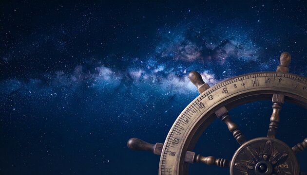 羅針盤と舵が象徴する航海と冒険のヴィンテージ航海道具