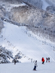 Winter landscape showing a wide ski slope with chairlifts and snow-covered forest