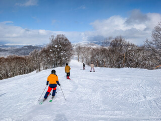 Scenic winter view of people skiing down a mountain run lined with bare trees