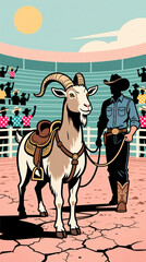Obraz premium Cartoon goat wearing saddle and halter, led by cowboy in rodeo arena, crowd cheering, stylized illustration, western event, animal show.