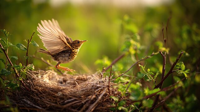 phonology. A young bird's first flight from the nest during the golden morning light. wildlife magazines, conservation campaigns, designed for nature documentaries and education.
