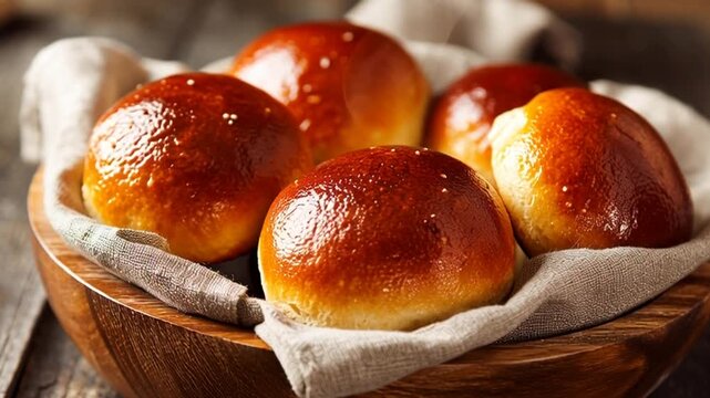 Freshly baked golden brown dinner rolls in a wooden bowl.