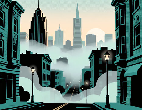 Urban street scene shrouded in fog, historic buildings flanking road, visible, vintage street lamps glowing, dawn lighting.