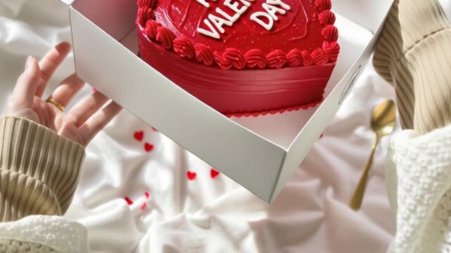 Valentine's Day red cake in a box being held by a person.