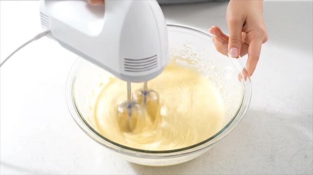 Hand holding a bowl while using an electric hand mixer to mix a creamy yellow batter.