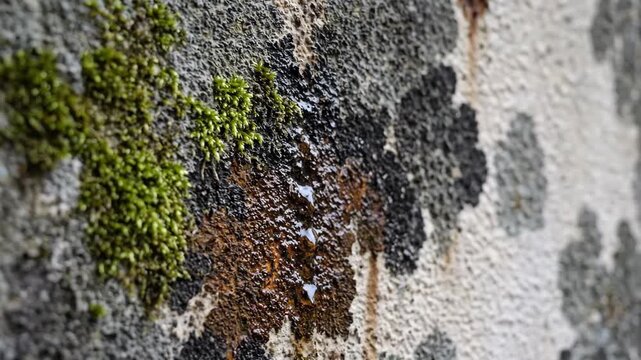 Moss clings to an aged, textured wall with dark, damp spots