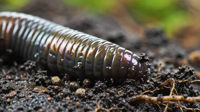 Shiny, segmented worm crawls through rich, dark soil