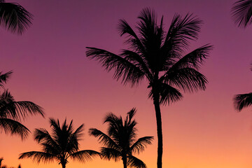 Obraz premium Bright colorful sunset sky in tropical hot climate, black silhouettes of palm trees with leaves on the background of orange and pink colored sky.