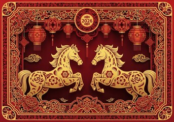 Elegant Chinese New Year 2026 illustration with golden horse elements, classic Chinese frame, lanterns, and floral ornaments. Red and gold color palette symbolizing luck, wealth, and happiness for the