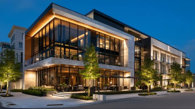 Upscale boutique hotel exterior for hospitality and real estate marketing