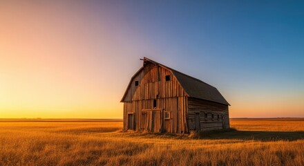 Obraz premium Early morning sunshine illuminating an old wooden barn structure standing alone in a vast field of dry summer grass, morning, farm, scene