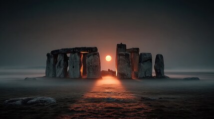 Ancient stone circle silhouetted against a setting sun, misty landscape