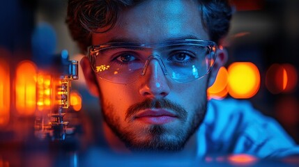 Close-up of a man in safety glasses working, lit by cool and warm tones