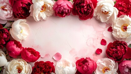 A serene floral arrangement of peonies in shades of red and white, viewed from above on a soft pink background