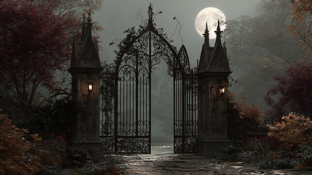 An ominous arched gate set against a full moon, invoking a sense of mystery and foreboding. The gate has ornate details, surrounded by lush vegetation.