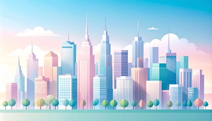 Obraz premium A vibrant pastel cityscape illustration with skyscrapers and trees, evoking a sense of modern urban life and a bright future