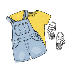 Casual illustration of a bright yellow shirt and blue denim short overalls with sneakers.