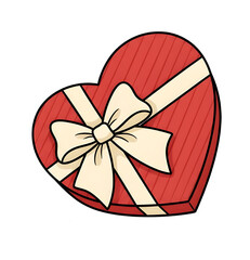 A closed red heart-shaped gift box wrapped with a creamy white decorative ribbon and bow.