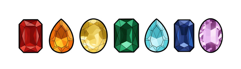Seven colorful shining gems are arranged horizontally in a straight line on a white background.