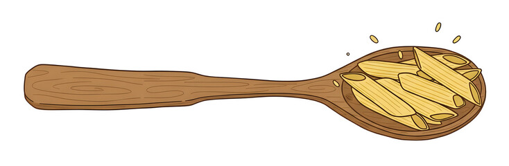 Dry penne pasta noodles resting on a long wooden serving spoon ready for cooking.