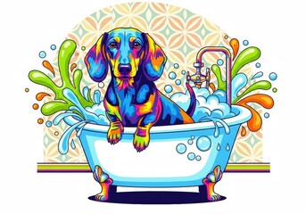 A dachshund in a bathtub, rendered in vibrant pop art colors, with clean contours and splashes of water as graphic elements, in a retro style. High quality photo