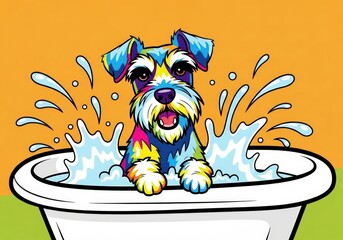 A dog in a bath, rendered in vibrant pop-art colors, with clear contours and splashes of water. High quality photo