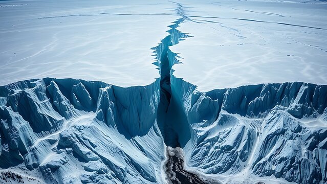 monopole. A vast glacier with a deep, dark crevasse splitting its surface, cold blue and white tones. travel magazines, destination branding, designed for outdoor magazines and nature guides.
