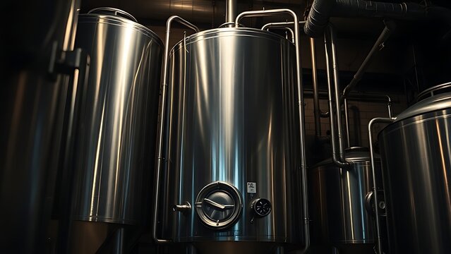 nepotism. A gleaming stainless steel fermenter with pipes in a dim cellar. bar promotions, beverage menus, packaging labels, designed for product packaging and bar promotions, used by photographers.