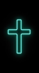 Obraz premium A bright teal neon cross sign glows intensely against a deep, contrasting black background, symbolizing faith, spirituality, and modern light art, retro, dark, cyan