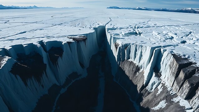 monopole. A vast glacier with a deep, dark crevasse splitting its surface, cold blue and white tones. travel magazines, destination branding, designed for outdoor magazines and nature guides.
