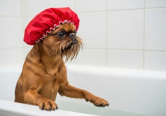 Funny friendly dog j takes a bath with foam in a shower cap on a white background. Copy space. High quality photo