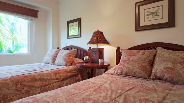 elegant hotel guest room with two twin beds and tropical garden view