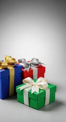 Fototapeta premium An assortment of vibrant, multicolored presentation boxes wrapped with decorative ribbons, perfect for celebrating holidays, birthdays, and special occasions, multicolored, christmas, orange