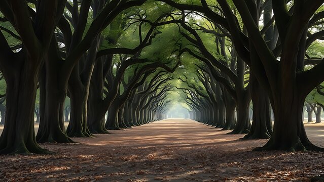 accuser. Avenue of ancient oak trees with a carpet of fallen leaves, dappled sunlight filtering through the canopy. travel magazines, destination branding, designed for travel destination branding.