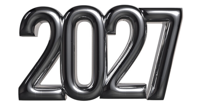 2027 number with polished silver metallic finish and sharp reflections on light grey background