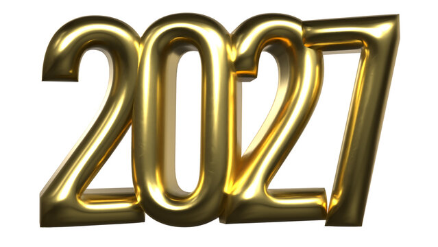 2027 number with glossy golden finish and shiny reflections on light grey background for New Year