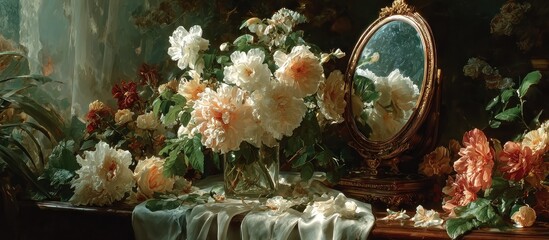 A still life of flowers with a mirror reflecting the blooms and petals