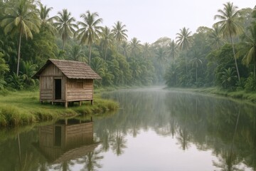 Fototapeta premium Serene Tropical Landscape with Hut Reflecting on Calm River Water, Surrounded by Palm Trees