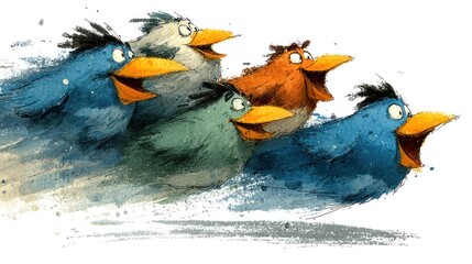 Five cartoon birds in motion, their beaks open in a joyful, dynamic scene.  Each bird has vibrant colors and exaggerated features