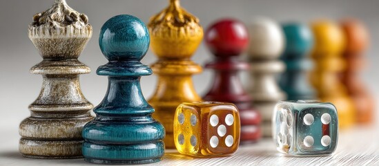 Chess pieces with dice in focus. Wooden game objects, various colors