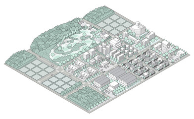 郊外の街並みのイラスト. アイソメ図で描いた都市.