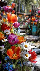 Fototapeta premium Vibrant Flower Garden Path with Rustic Gate, Blossoming Tulips, Daisies, and Quaint Watering Can