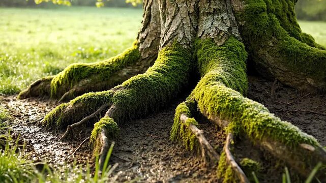 Detailed close-up captures strong, exposed tree roots covered in vibrant green moss, anchoring the trunk, illuminated by warm sunlight on the lush, grassy ground.
