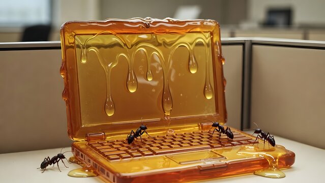 Ants crawling on orange plastic laptop covered in dripping honey
