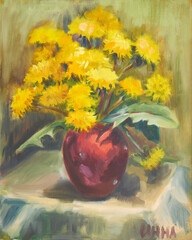 Fototapeta premium vBouquet of dandelions. Oil painting on canvas by artist Inna Prsityazhnyuk.