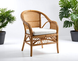 Obraz premium Wicker chair with white cushion, flanked by potted plants against a white backdrop